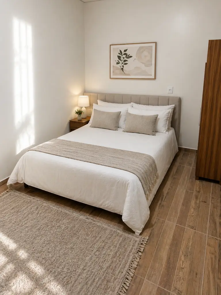 Quarto do apartamento mobiliado em Cascavel PR com cama e ambiente preparado para hóspedes.