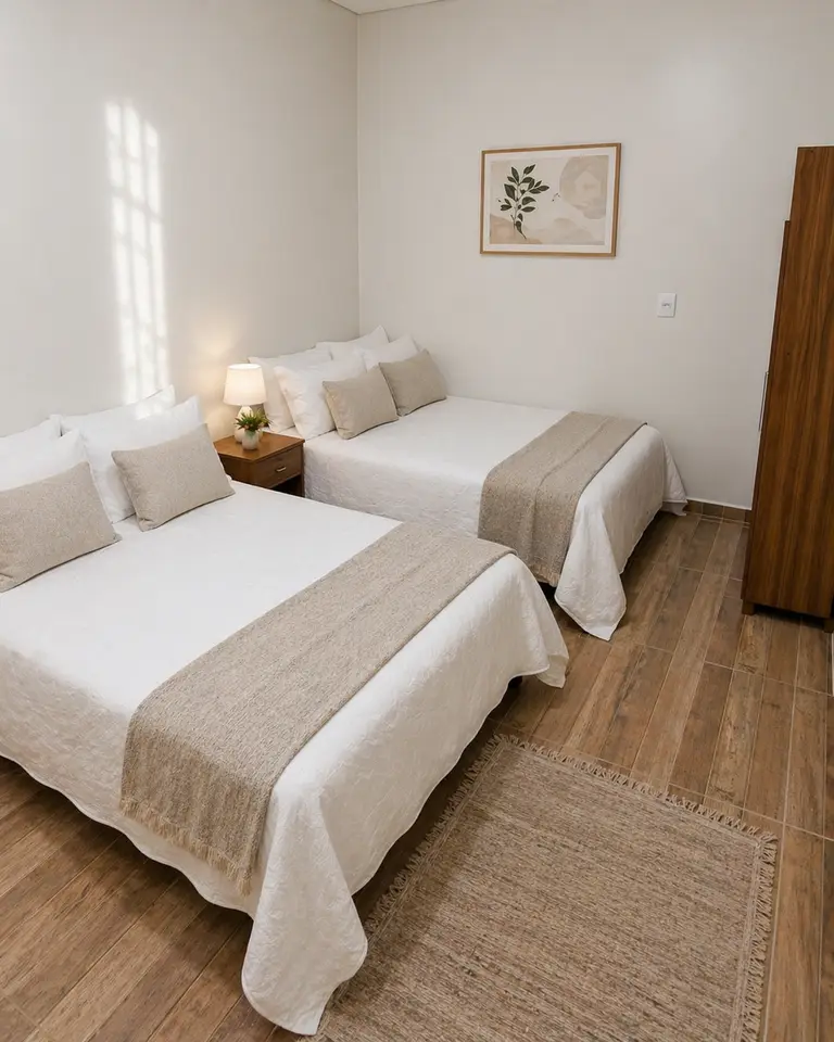 Quarto do apartamento superior em Cascavel PR com duas camas e ambiente preparado para até 4 hóspedes.